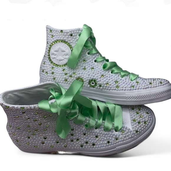 Peridot Green Crystal Diamond & Pearls High Top Converse Sizes 5-14 New - Picture 1 of 15